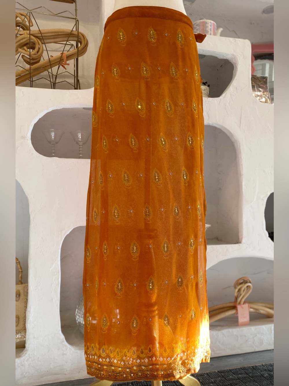 90s Vintage Embellished Le Chateau Sheer Mesh Saree Wrap Maxi Cover Up Skirt